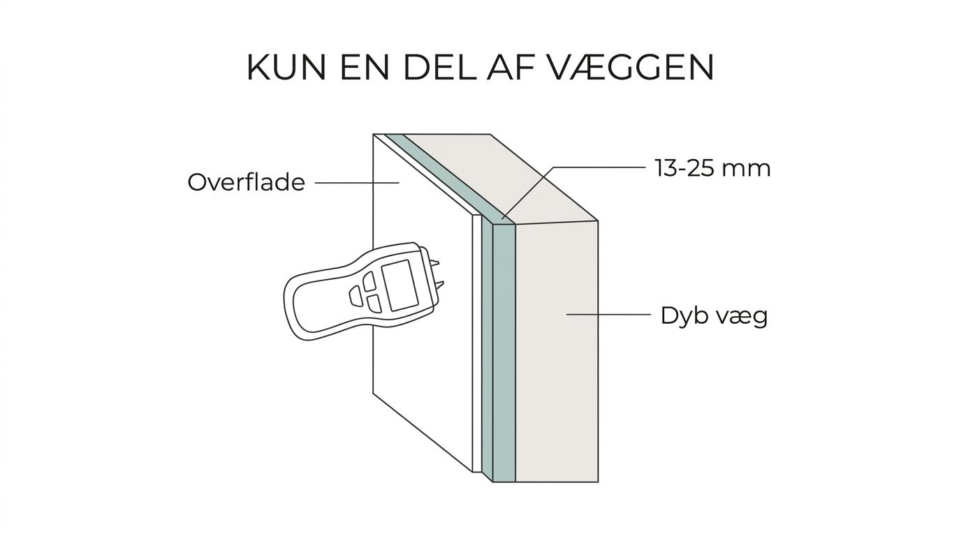 Tværsnit af en væg med maling, spartel, gips og hulrum, hvor en kapacitiv måler viser overfladenær måledybde og en indstiksmåler måler lokalt i materialet.