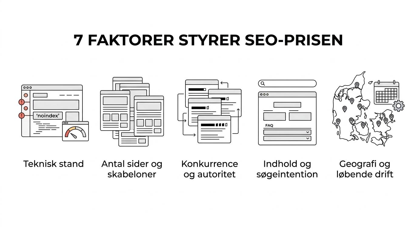 Oversigt med syv faktorer, der påvirker SEO-prisen: teknik, antal sider, konkurrence, indholdsgab, geografi, autoritet og løbende drift.