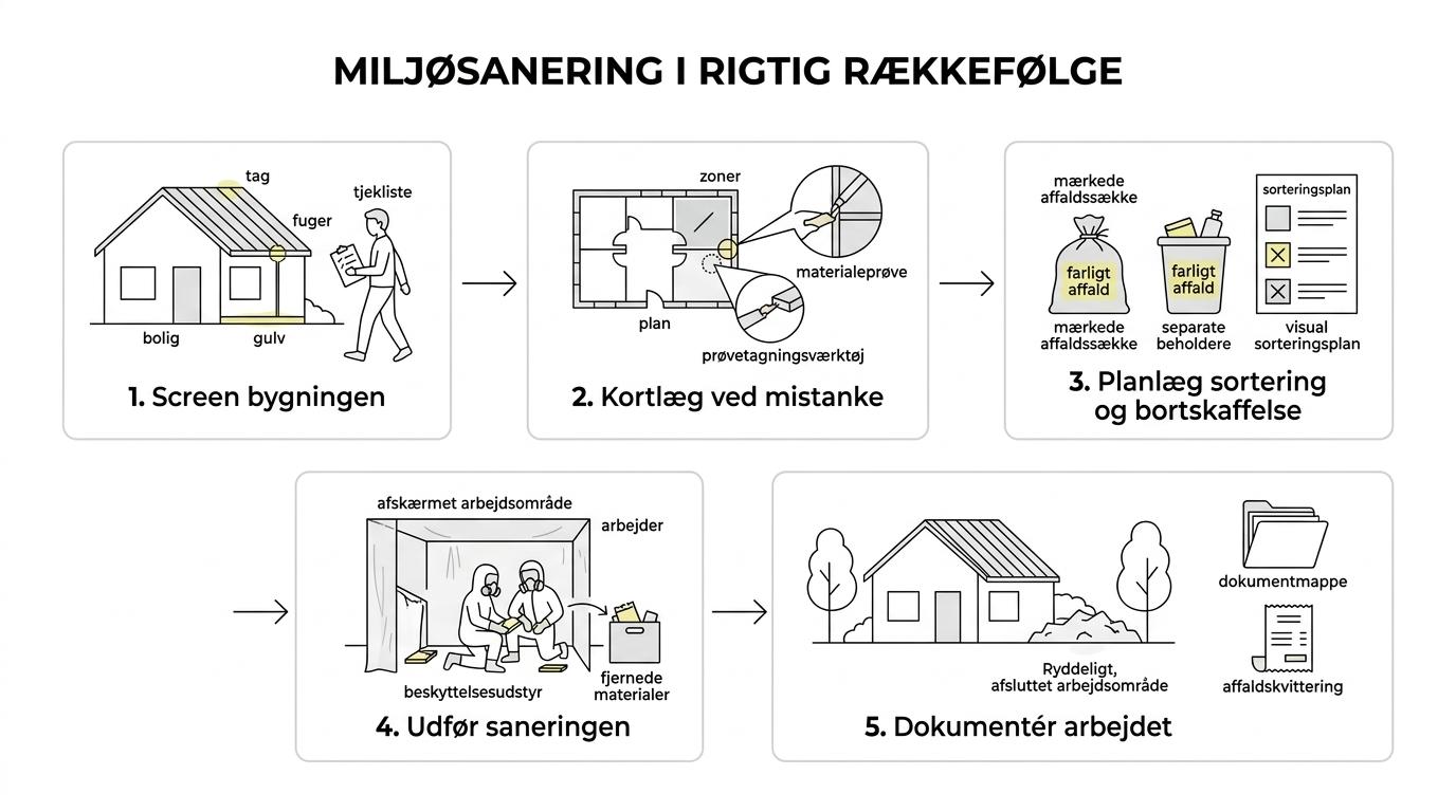 Procesdiagram, der viser forløbet fra mistanke og miljøscreening til prøver, sortering, bortskaffelse og dokumentation.