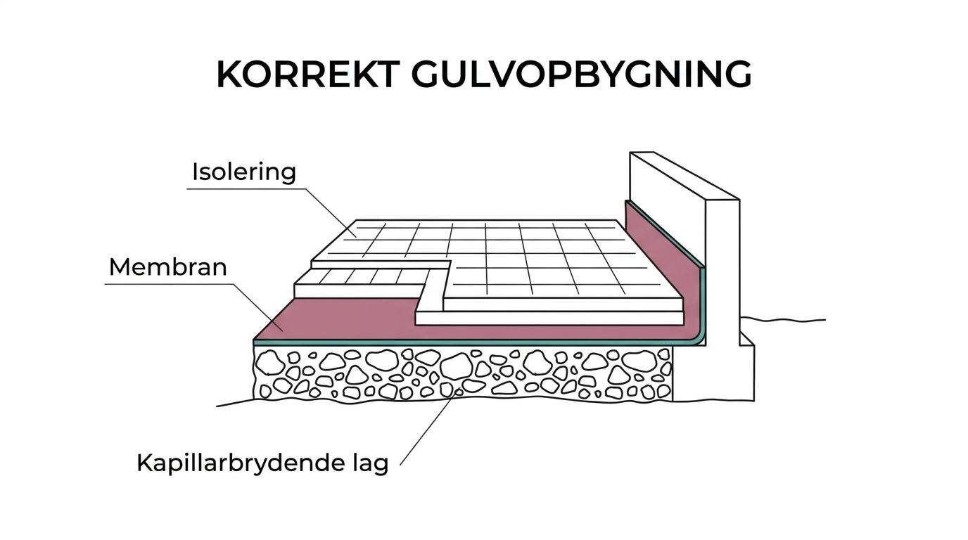 Tværsnit af et kældergulv med jord, kapillarbrydende lag, isolering, membran, beton og færdig overflade.