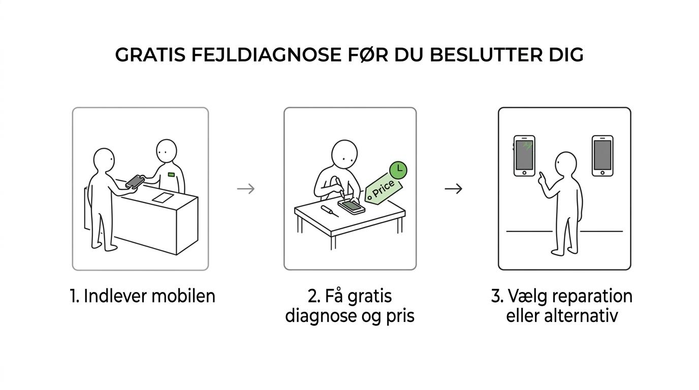 Tre trin i mobilreparation hos ELEKTRONIKS: indlevering af mobil, gratis fejldiagnose med pris og tidsestimat, og valg mellem reparation eller alternativ løsning.
