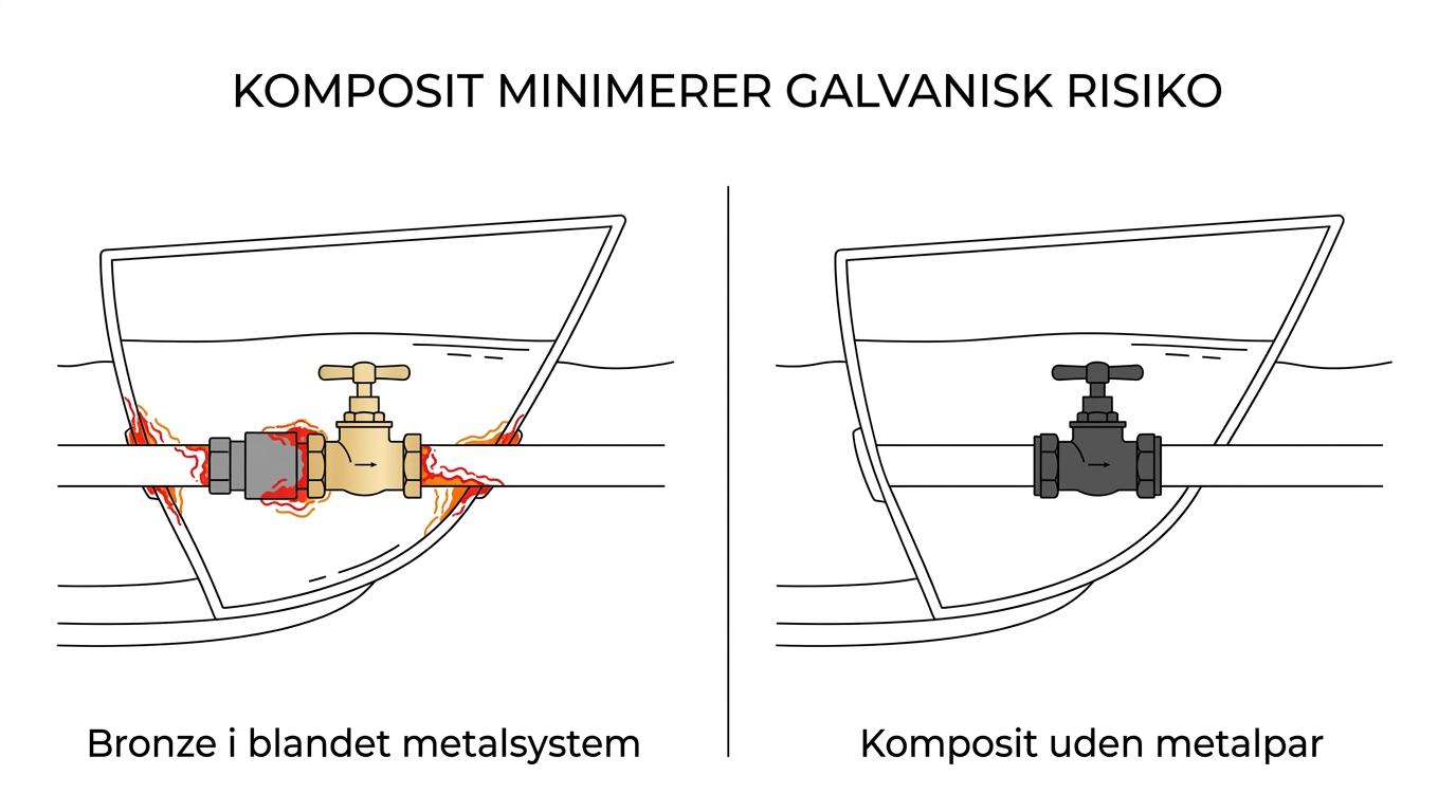 Side-by-side sammenligning af en bronze og en komposit søventil med forskelle i korrosion, styrke, vægt, inspektion og systemkompatibilitet.