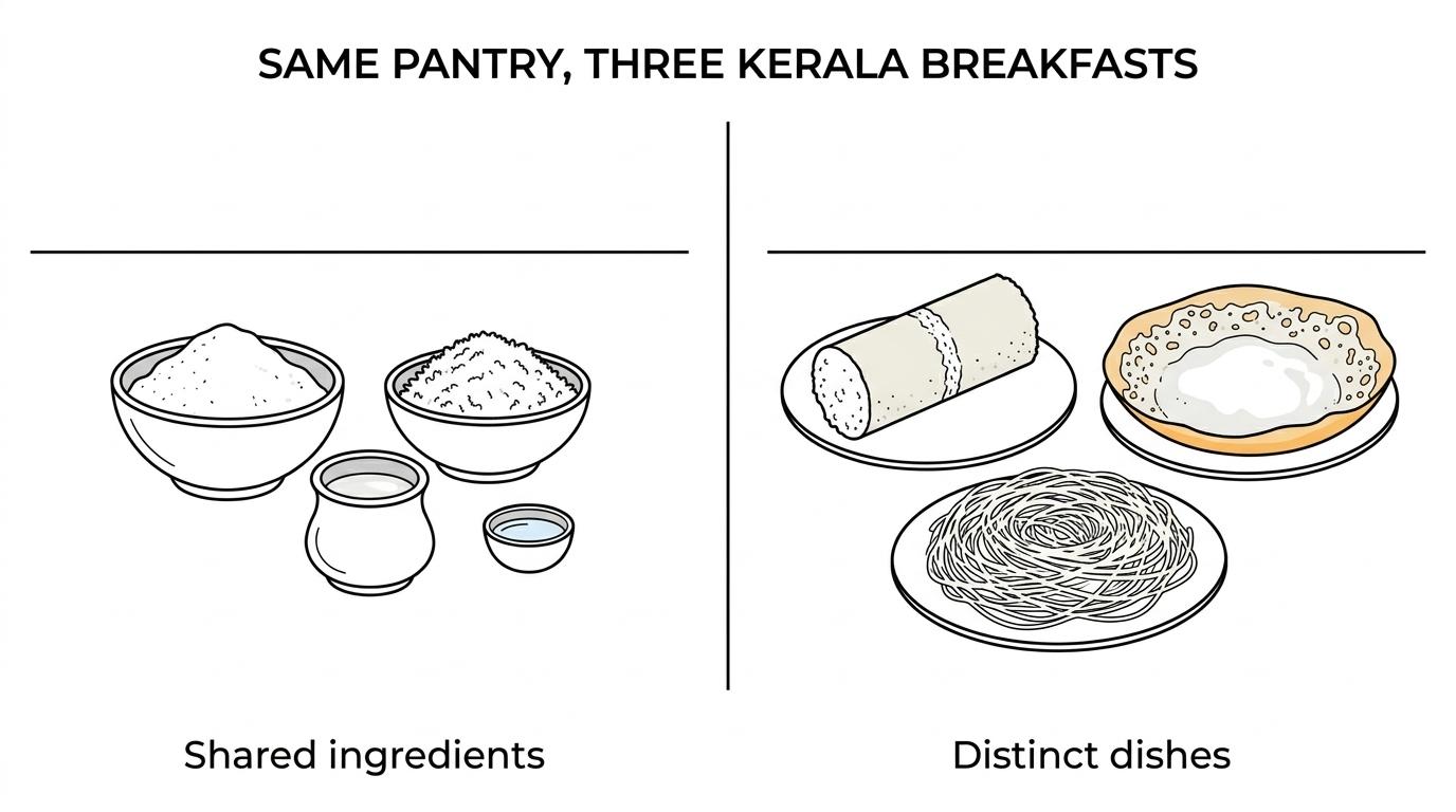 Side-by-side comparison of puttu, appam, and idiyappam with their shapes, cooking methods, textures, and classic pairings.