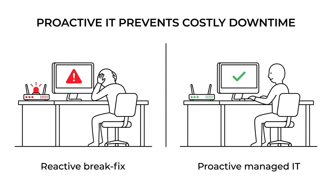 Side-by-side comparison of proactive managed IT and reactive break-fix support, showing differences in monitoring, security, downtime, and budgeting.