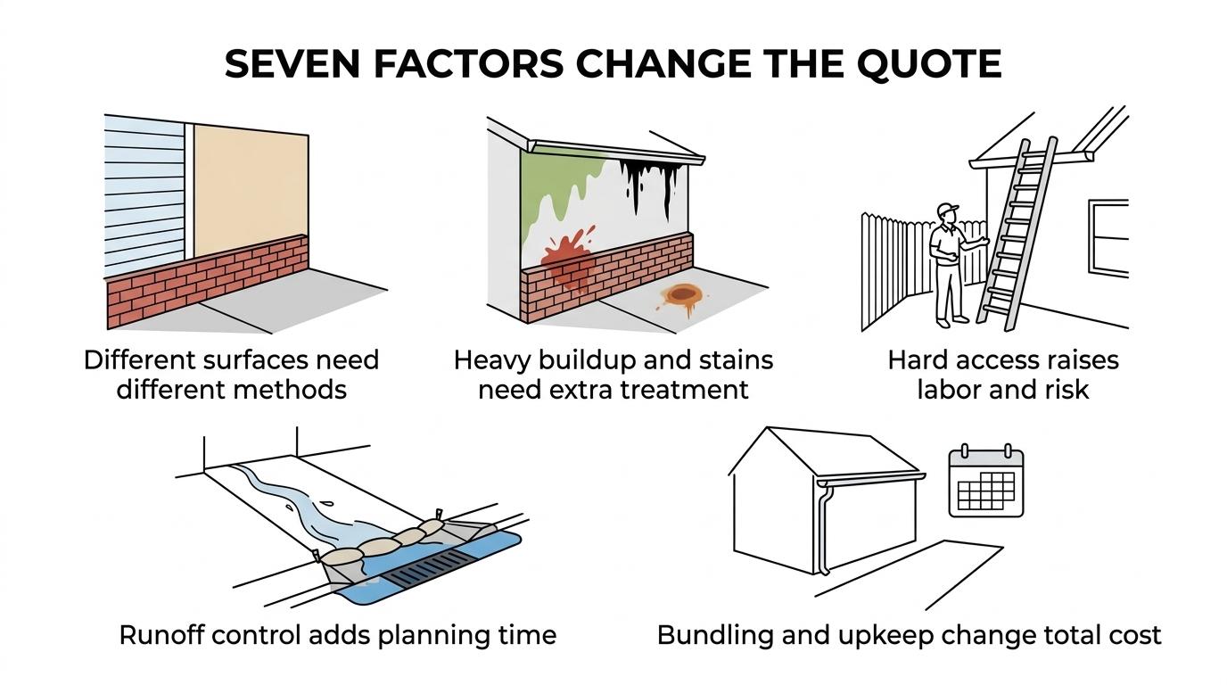 Diagram showing seven factors that affect pressure washing cost in Columbia: surface type, buildup, stain category, access and safety, runoff control, scope bundling, and maintenance cycle.