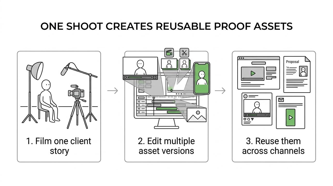 A step-by-step flow showing testimonial planning, filming, editing, and delivery of multiple assets from one shoot.