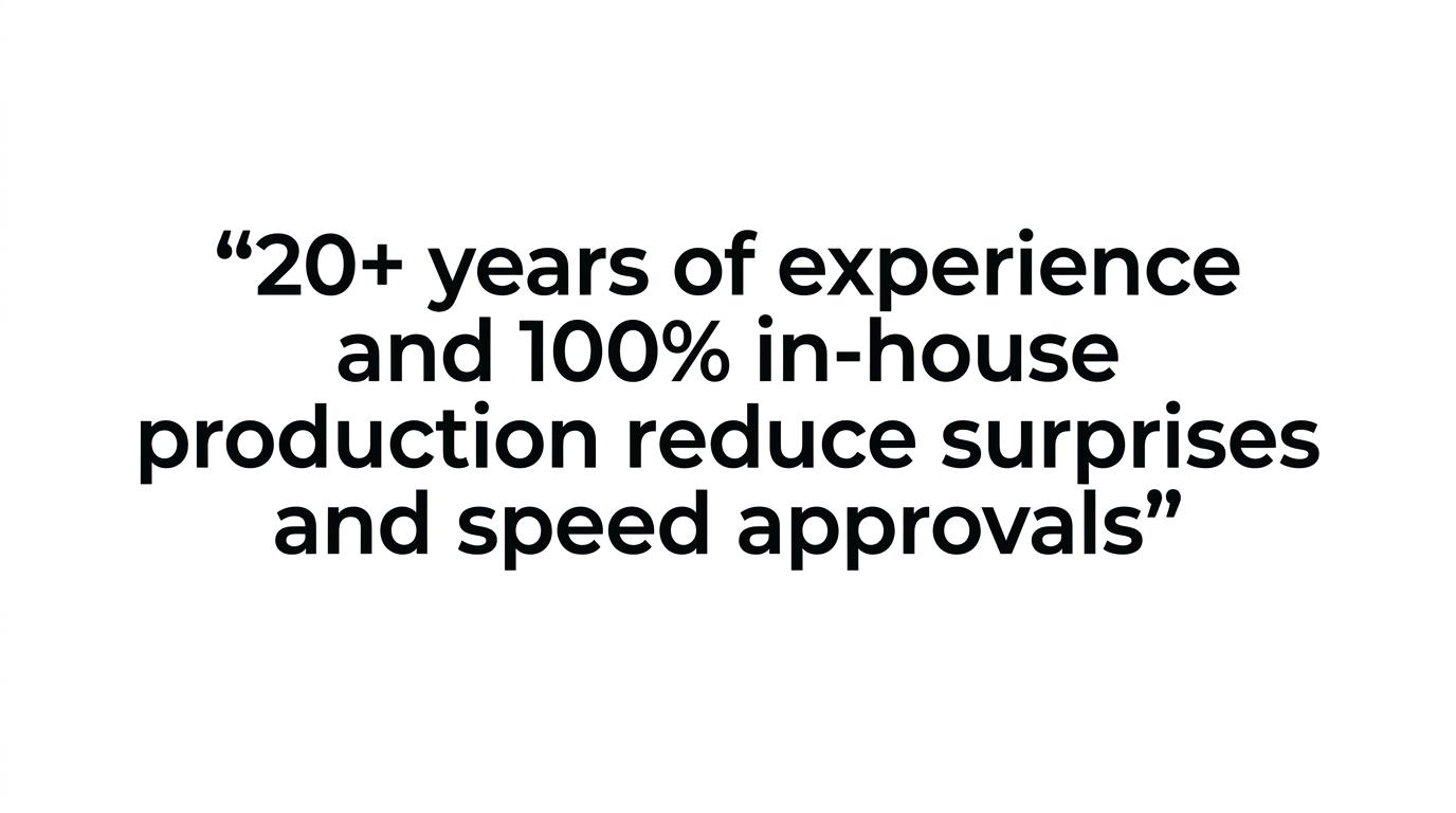 A highlighted quote stating 20+ years of experience, 500+ projects delivered, and 100% in-house production.