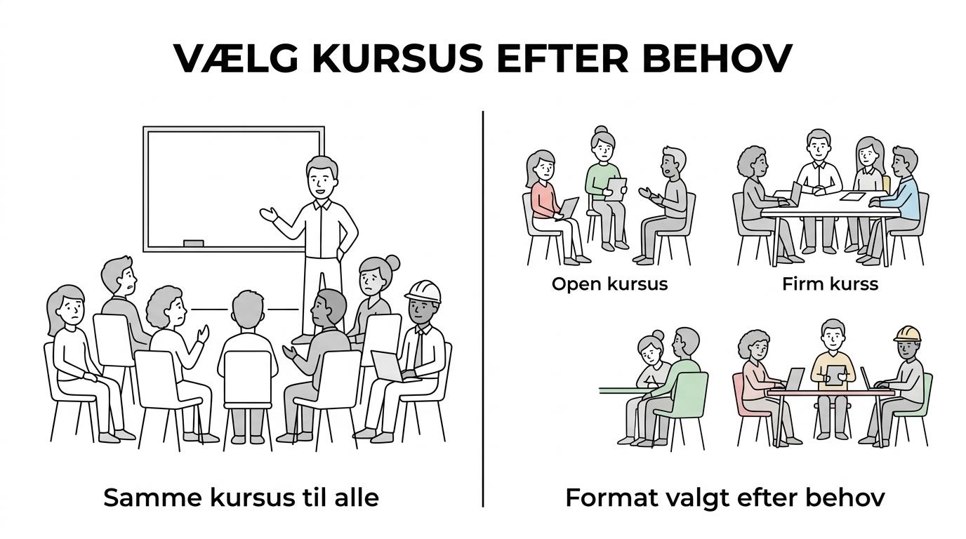 Sammenligning af åbent Copilot-kursus, firmakursus og rollebaseret forløb med pris, deltagerantal og typiske anvendelser.