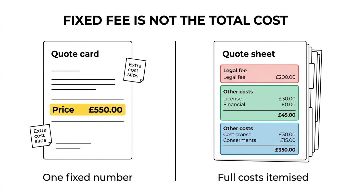 Side-by-side comparison showing fixed-fee legal work on one side and separate disbursements and government charges on the other.