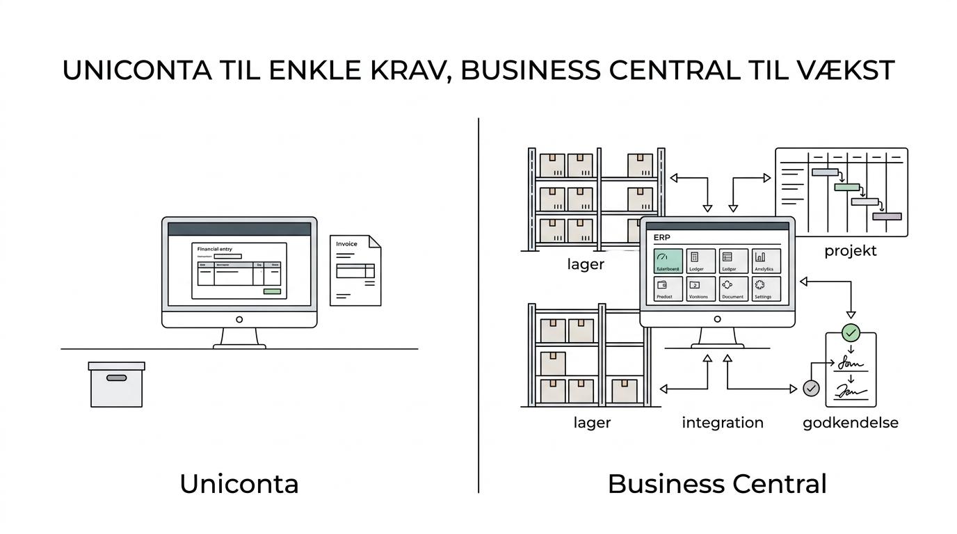 Side-by-side comparison of Uniconta and Business Central for process complexity, integrations, control, and growth fit.