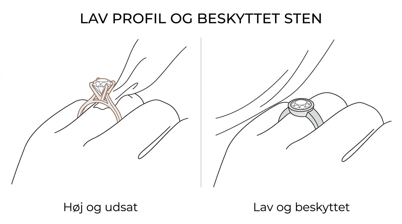 Side-by-side comparison of two diamond rings: one low-profile with protected stone and sturdier band, the other high-set with thin prongs and a delicate shank.