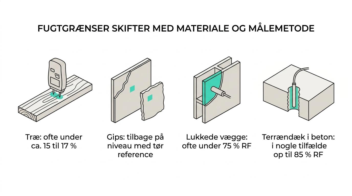 Oversigt over træ, gips, vægge og beton med typiske fugtgrænser og relevante målemetoder.