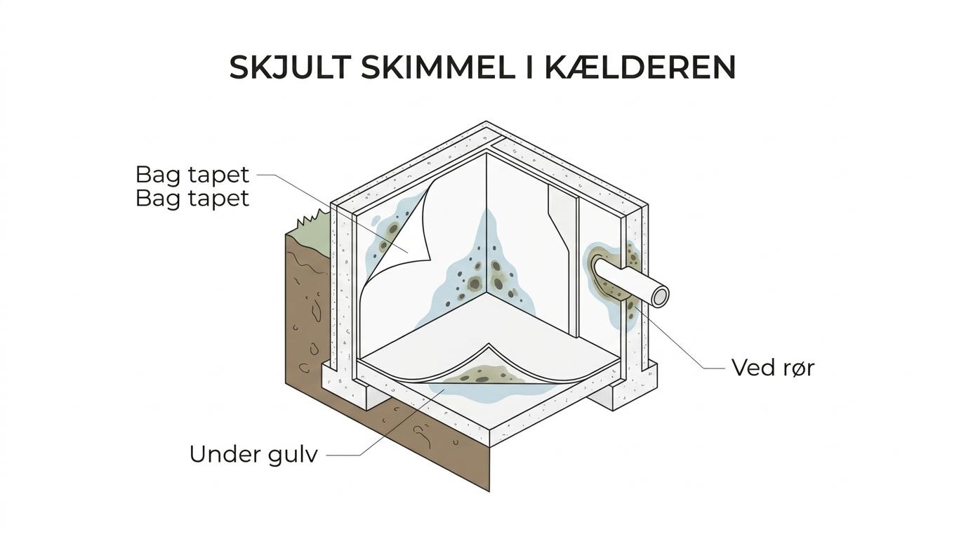 Illustration af en kælder med markeringer af skjult skimmel bag vægge, under gulv, ved rør og i fugtigt træværk.