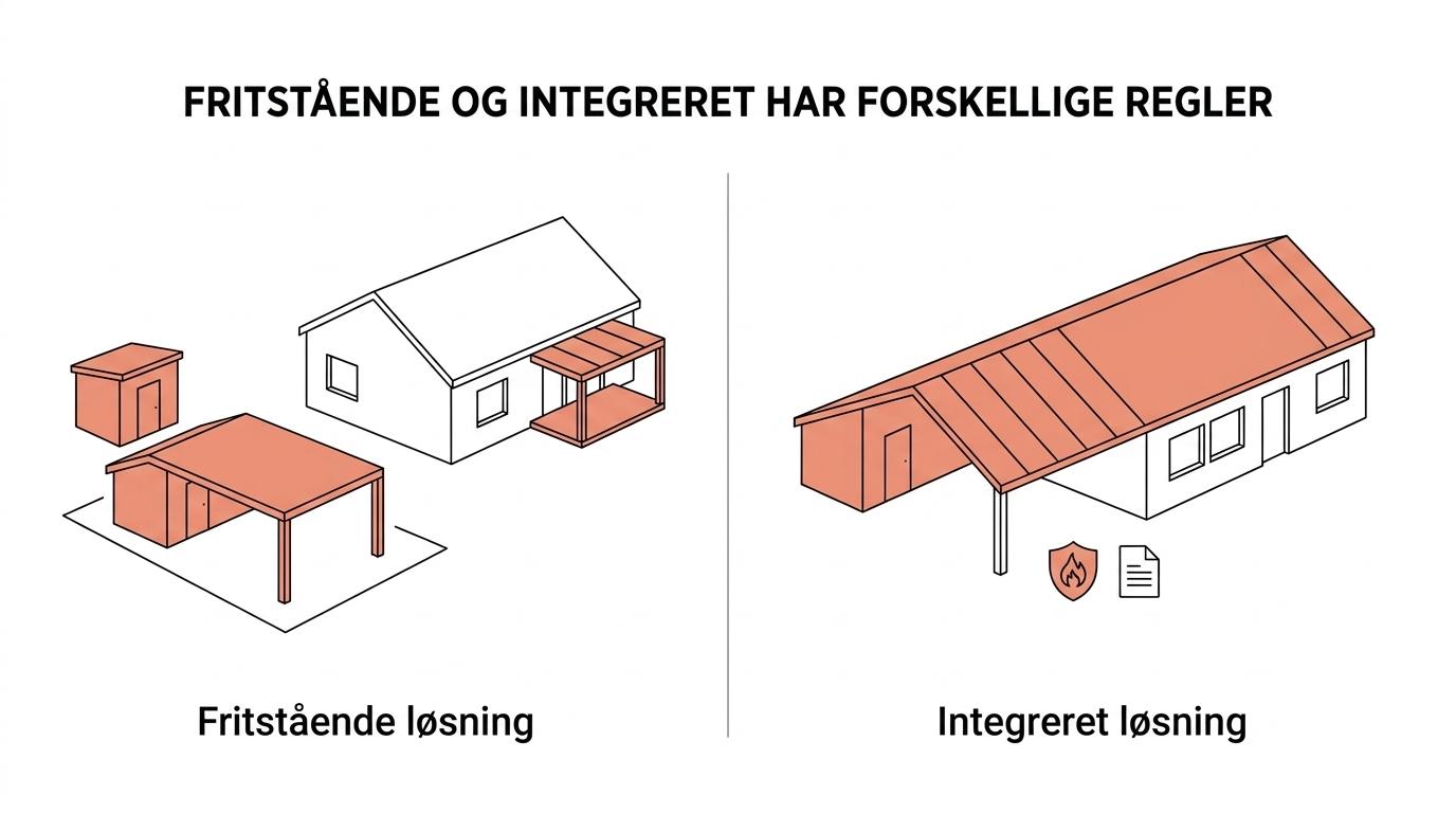Sammenligning af en fritstående carport med skur og en integreret løsning ved huset med korte forskelle i arealregler, fleksibilitet og krav.