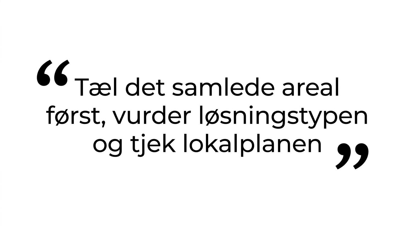 Fremhævet citat om at afklare areal, løsningstype og lokale regler før designet besluttes.