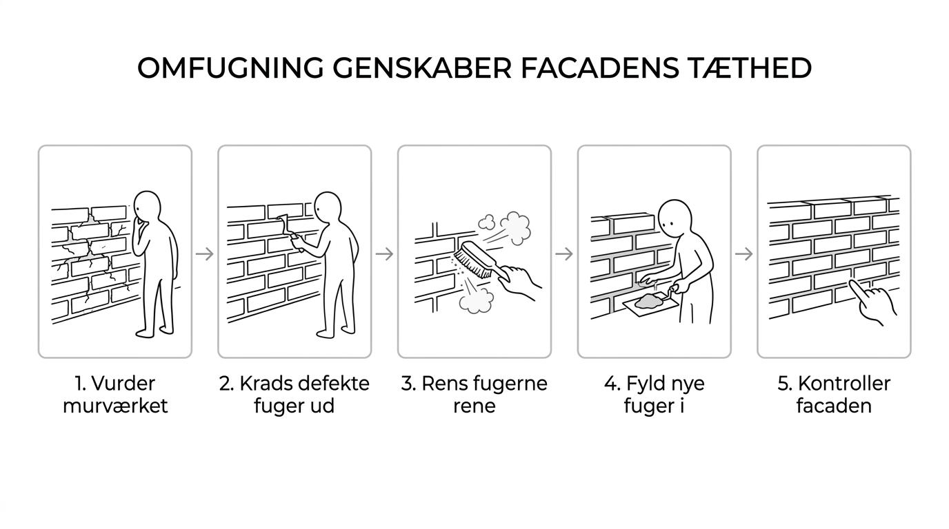 Proces for omfugning af murværk fra vurdering og udkradsning til ny mørtel og afsluttende kontrol.