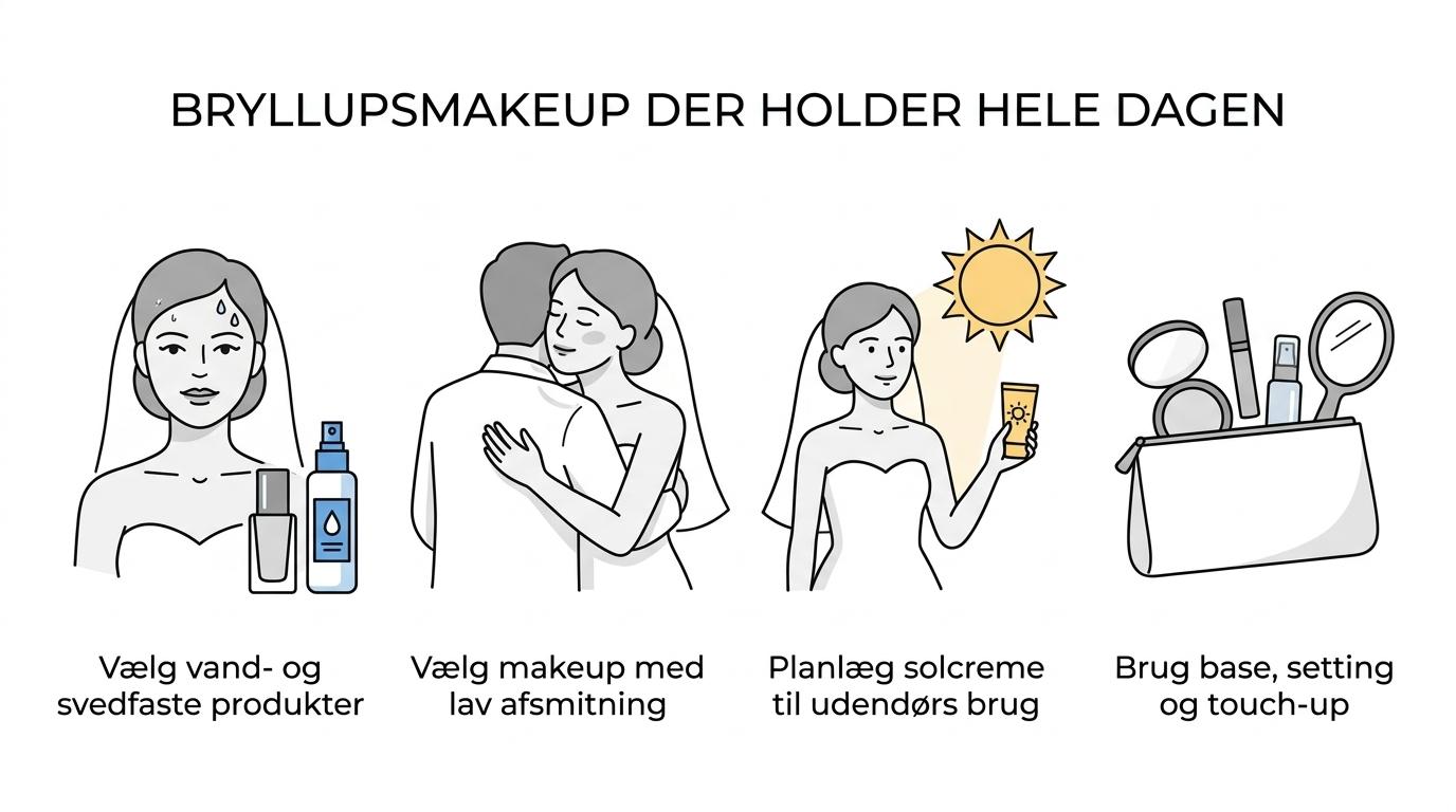 Visuel oversigt over centrale faktorer for holdbar bryllupsmakeup som vand- og svedmodstand, afsmitning, sol, hudens varme og touch-ups.