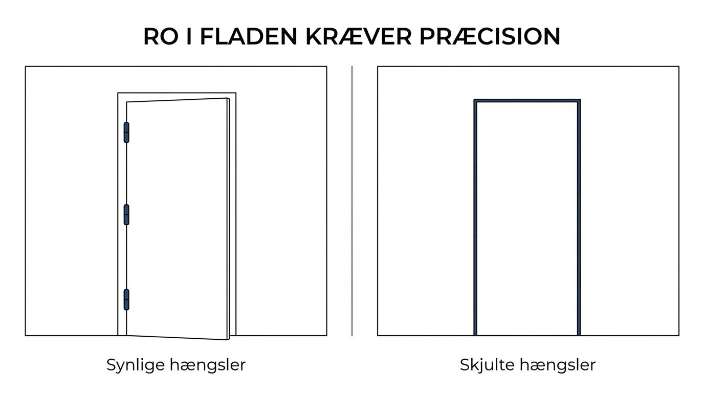 To indvendige døre side om side: en plan dør med skjulte hængsler og en tilsvarende dør med synlige hængselknopper.