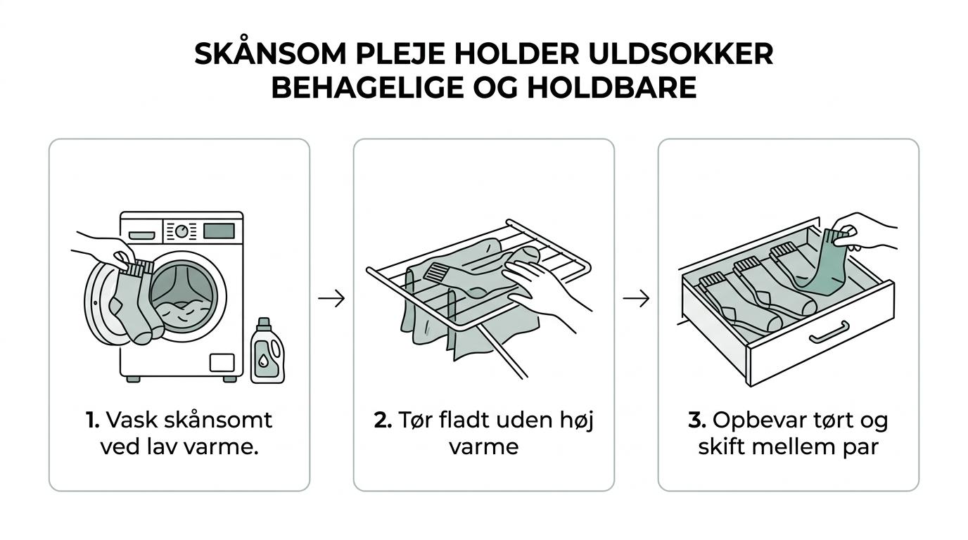 Simple step-by-step visual showing wool socks being aired out, washed on a gentle wool cycle with mild detergent, dried flat, and rotated for later use.