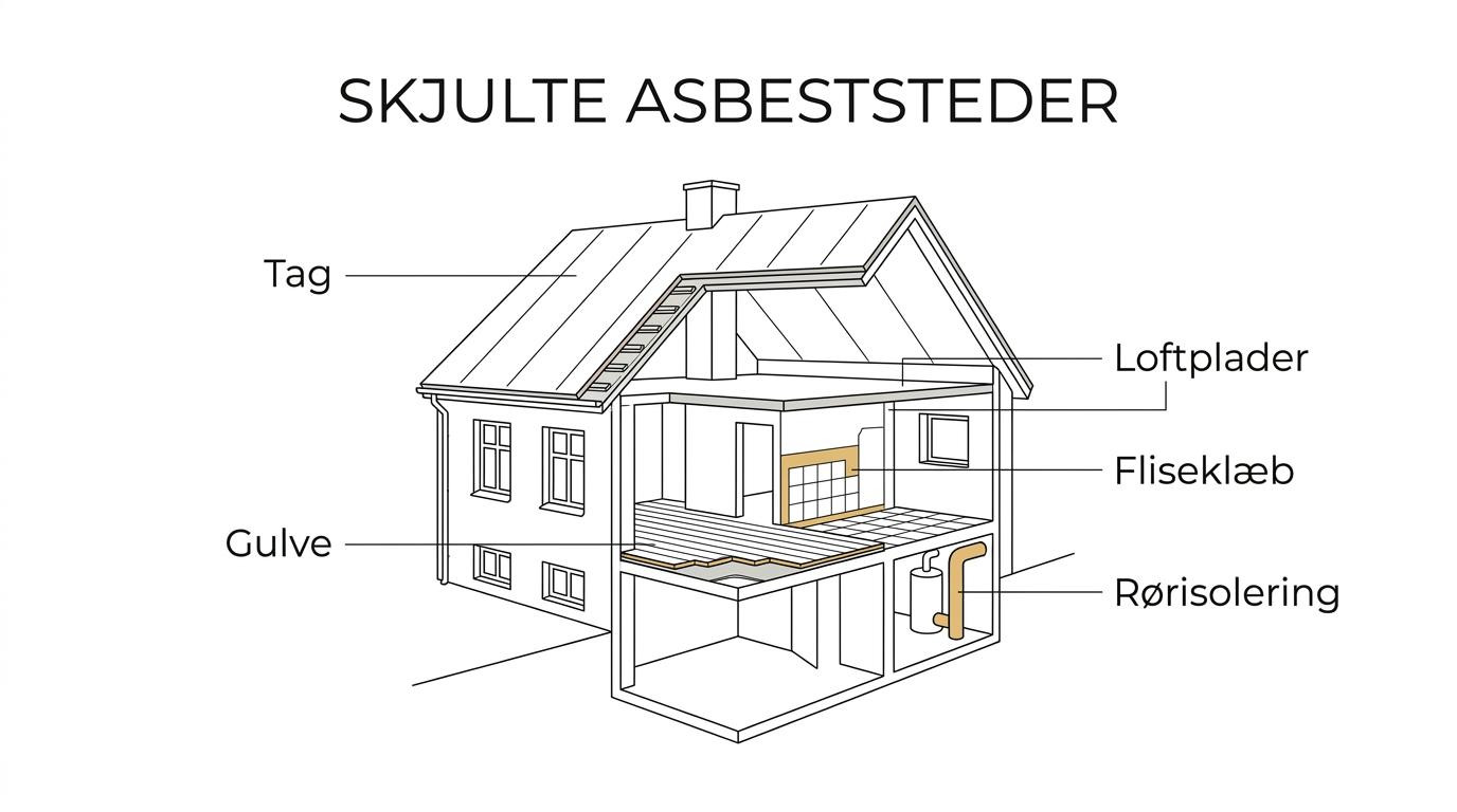 Gennemskåret illustration af et ældre hus med markerede risikoområder for asbest i tag, gulve, vægge, kælder, badeværelse og rørisolering.