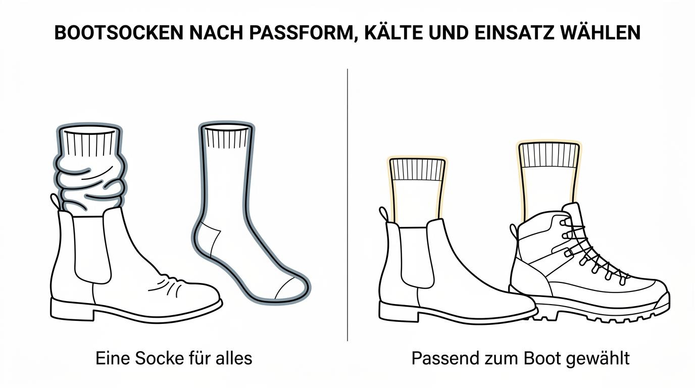 Gegenüberstellung von dünnen Merino-Socken, warmen Wollsocken, Trekkingsocken und Alpakasocken mit den jeweils passenden Boots-Einsätzen.