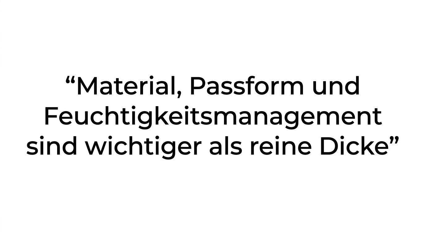 Hervorgehobenes Zitat darüber, dass Material, Passform und Feuchtigkeitsmanagement wichtiger sind als reine Dicke.