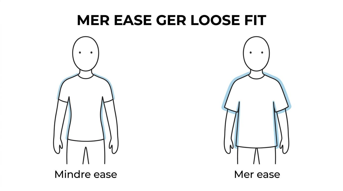 Side-by-side illustration of the same T-shirt size in slim fit and loose fit, showing a closer versus roomier fit at the shoulders, chest, waist, and sleeves.