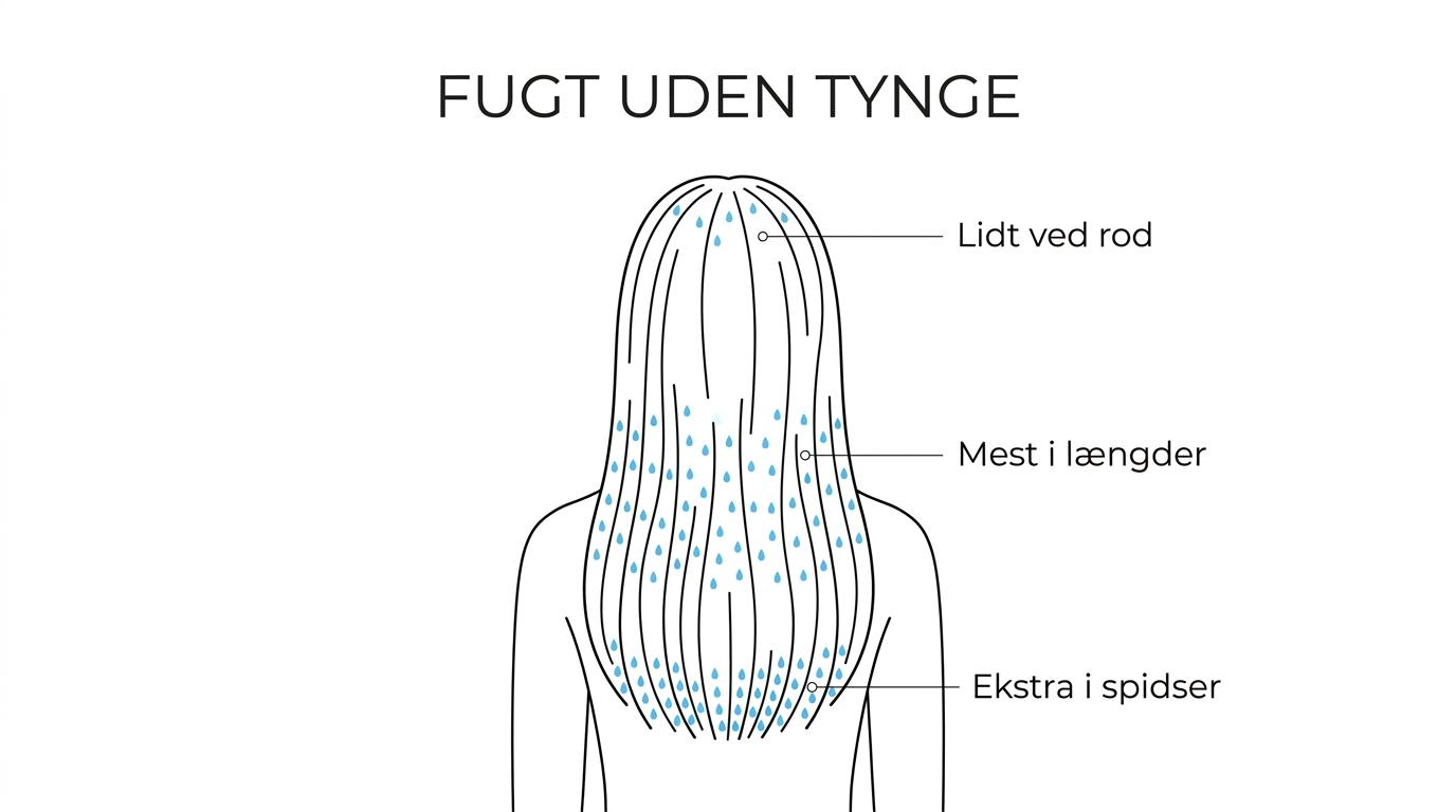 Illustration af tykt hår opdelt i hovedbund, midterlængder og spidser med markering af hvor shampoo, conditioner og leave-in bruges.