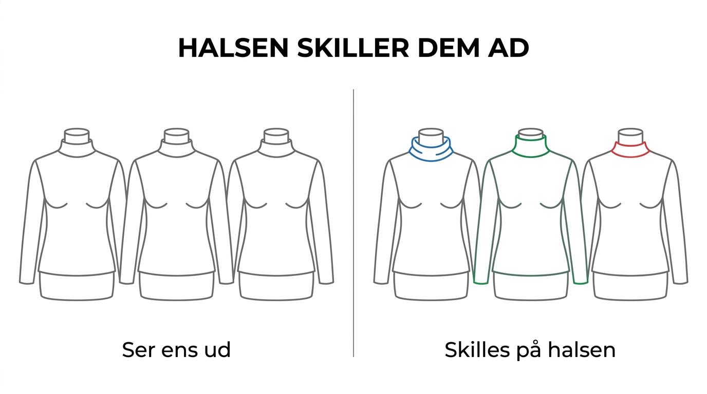 Tre damebluser side om side med klassisk rullekrave, tætsiddende turtleneck og kort mock neck.