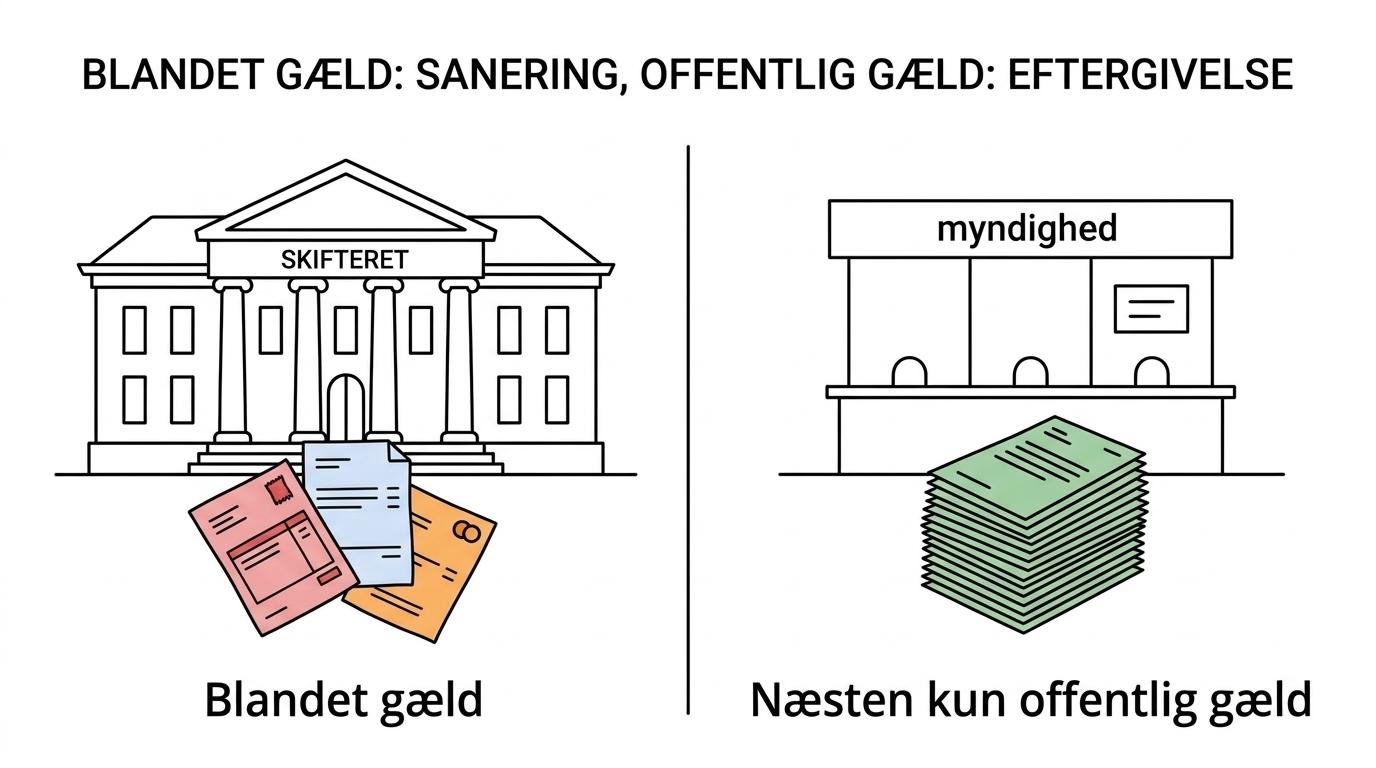 Sammenligning af gældssanering i skifteretten og eftergivelse hos Gældsstyrelsen med typiske gældstyper og hvornår hver løsning ofte er mest relevant.