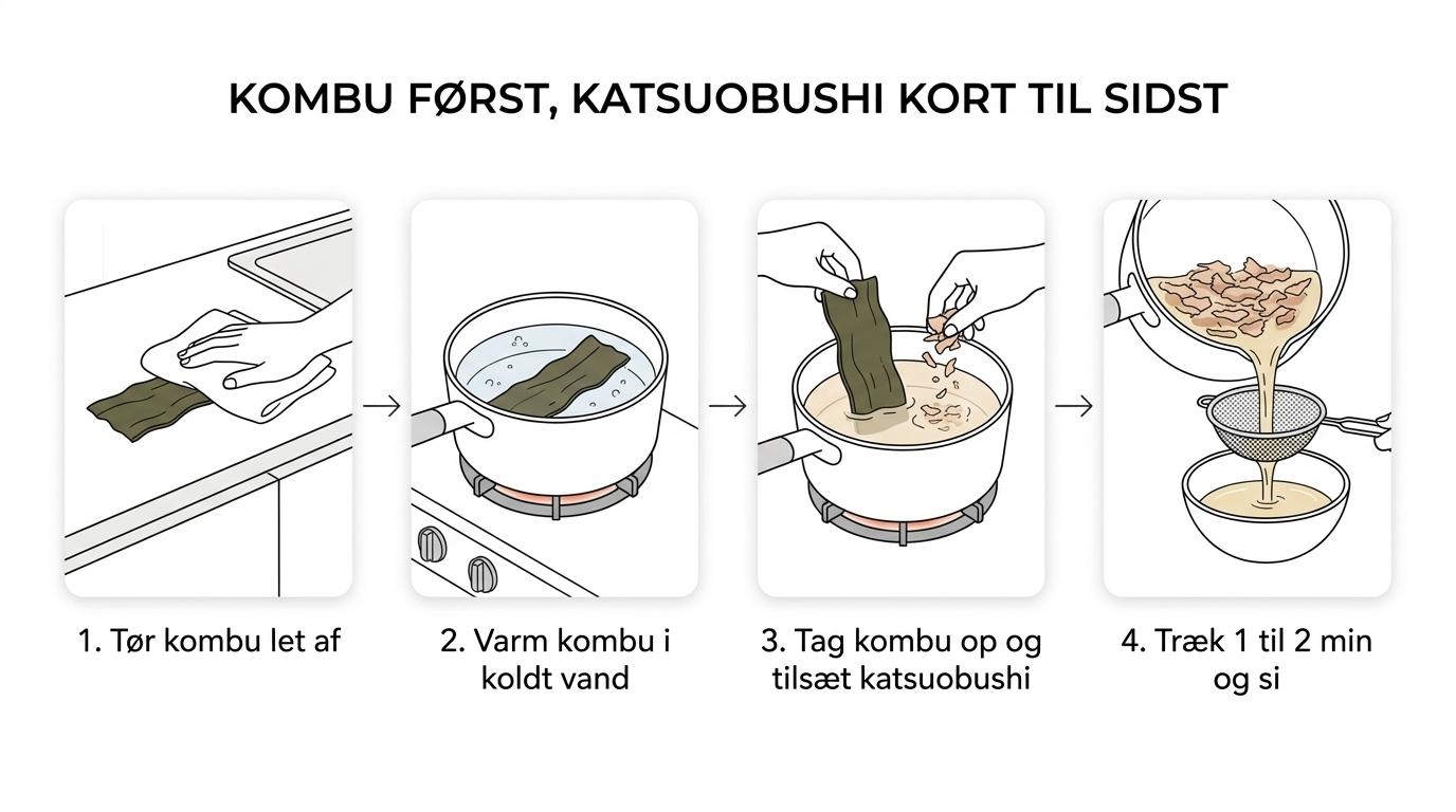 Trinvis visning af awase dashi med kombu i koldt vand, kort udtræk af katsuobushi og færdig siet bouillon.
