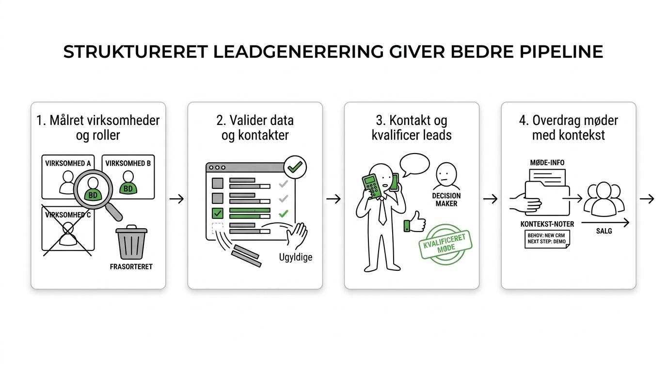 Flowdiagram over leadgenerering i Aalborg fra målretning og datagrundlag til dialog, opfølgning og overdragelse.