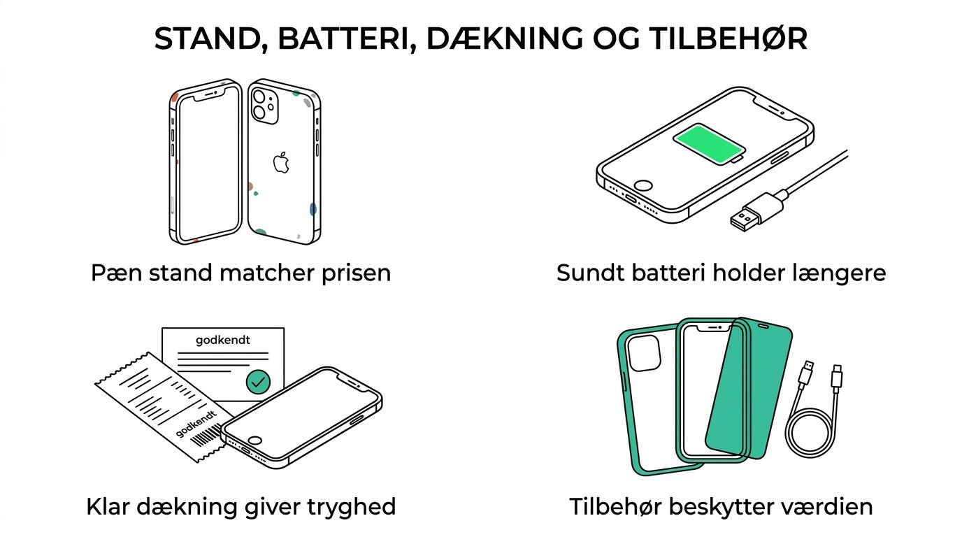 Illustration med de vigtigste ting at vurdere ved køb af en brugt iPhone 13: stand, batteri, dækning og beskyttelse.