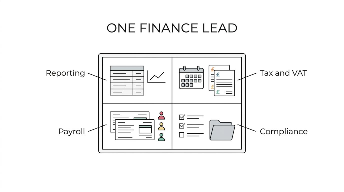 Diagram showing a fractional finance director at the centre linking cash flow, reporting, VAT, tax, payroll, compliance and filing deadlines.
