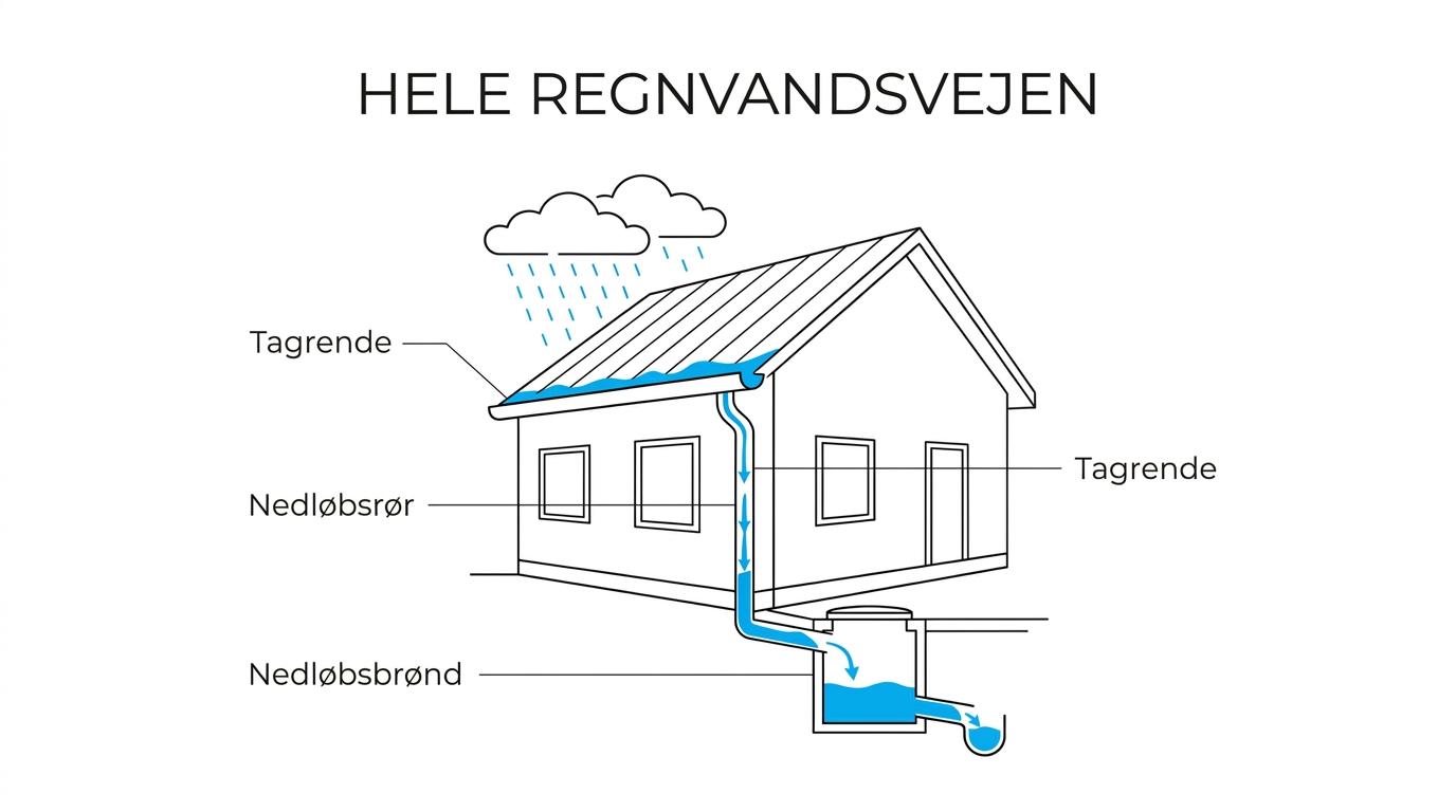 Illustration af et hus med tagrende, nedløbsrør og nedløbsbrønd markeret som ét samlet regnvandssystem med mulige blokeringer.