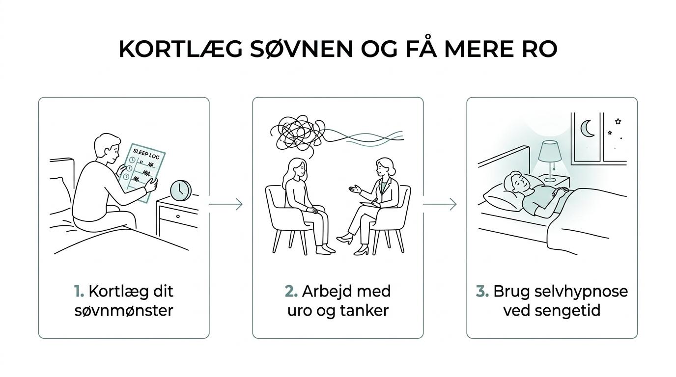 Infografik over et søvnforløb fra kortlægning af søvnproblemer og triggere til hypnoterapi, selvhypnose og mere sammenhængende søvn.