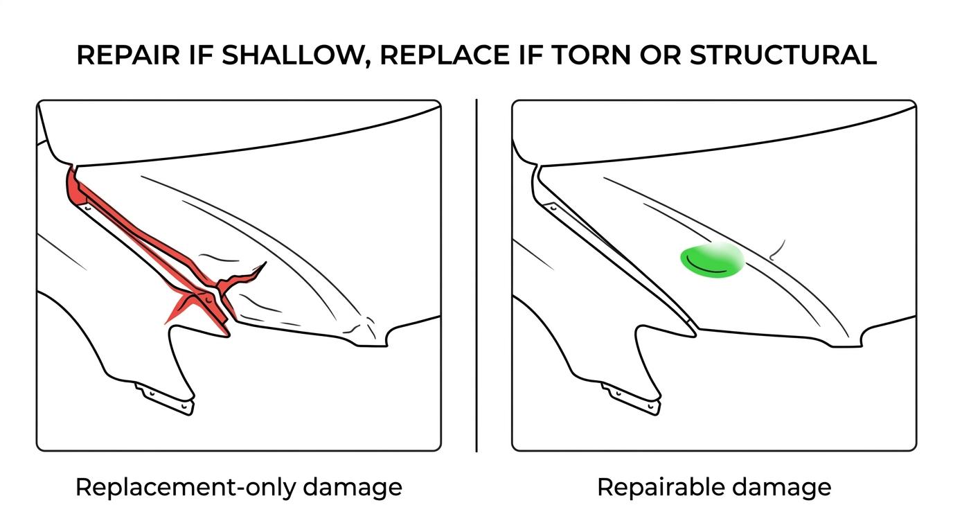 Side-by-side view of a shallow dent in an aluminum hood being repaired and a torn or sharply creased aluminum panel marked for replacement.