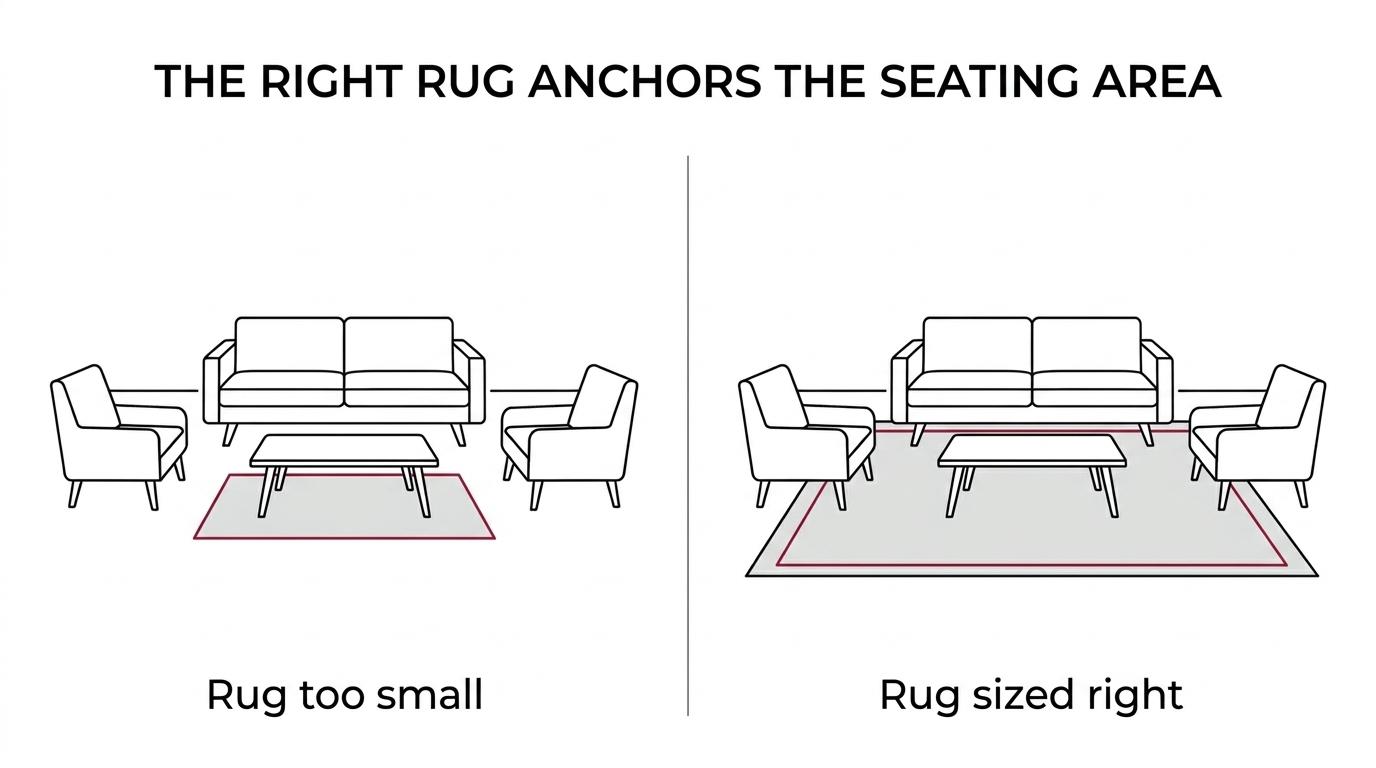 Side-by-side small living room layouts showing 5x8, 6x9, and 8x10 rugs under the same sofa, chairs, and coffee table.
