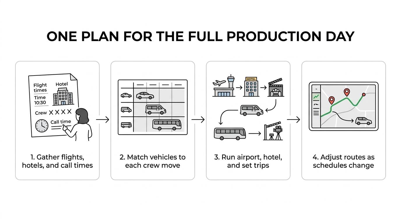 A step-by-step production transportation flow from airport arrivals to hotel transfers, set runs, shuttle loops, and wrap returns, coordinated by one dispatch team.