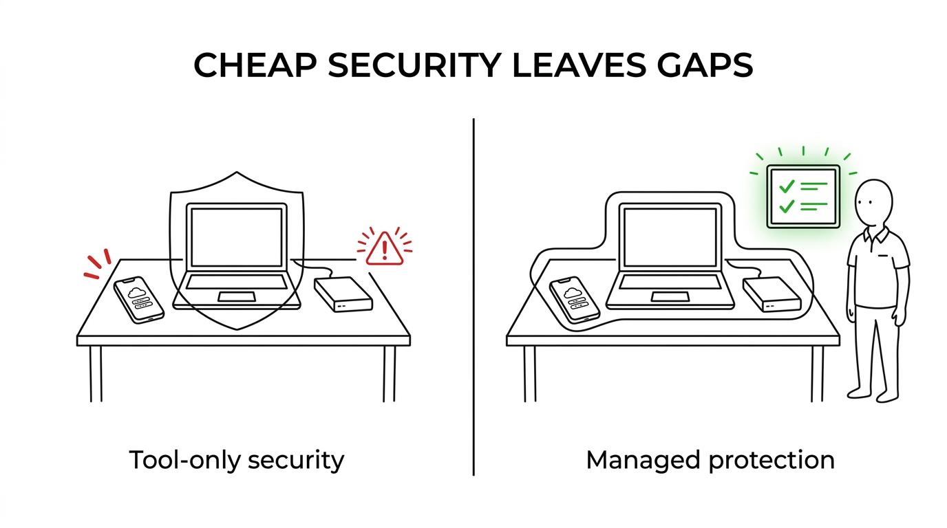 Side-by-side comparison of cheap cybersecurity services and right-sized managed protection across identity security, patching, backups, monitoring, response, and accountability.