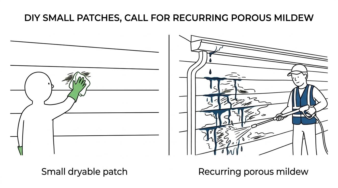 Side-by-side comparison of a small mildew patch on reachable vinyl siding versus widespread recurring mildew on porous exterior surfaces near gutters and shade.
