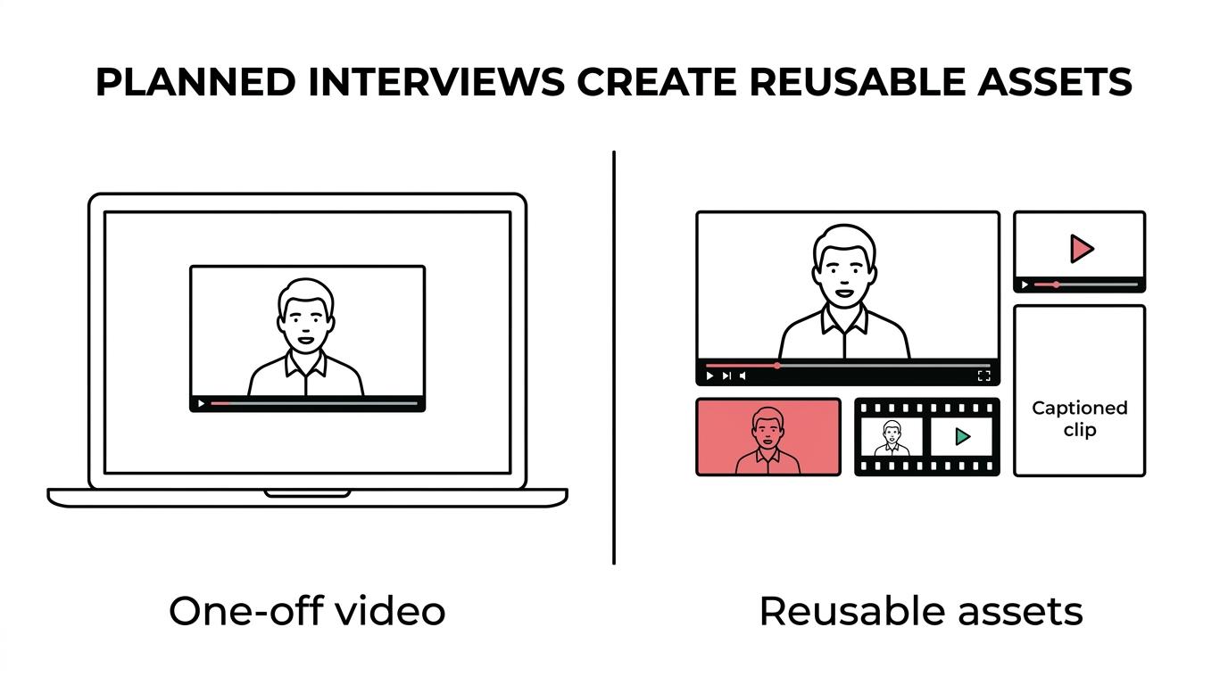Side-by-side view of a basic one-off talking-head interview versus a planned interview production with lighting, b-roll, and multiple final video assets.