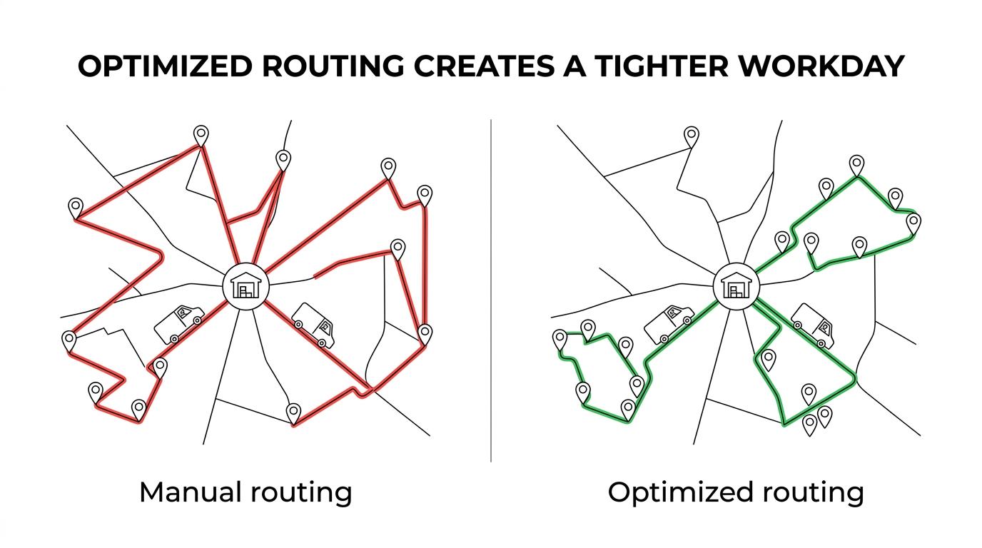 Side-by-side comparison of a field team using manual routing versus optimized routing, with scattered stops and reactive dispatch on one side and tighter sequencing and smoother coverage on the other.