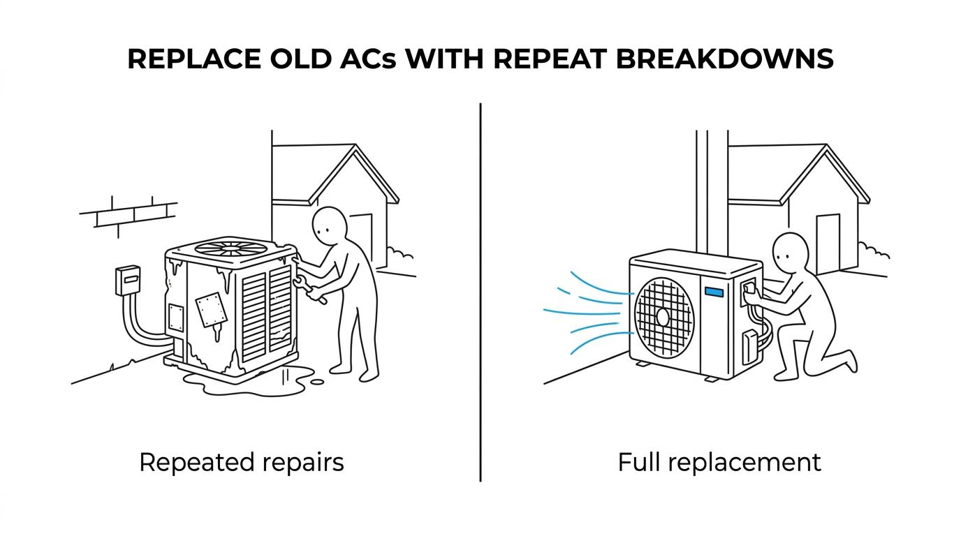 Side-by-side comparison showing when an older Clermont air conditioner should be repaired versus when replacement makes more sense.