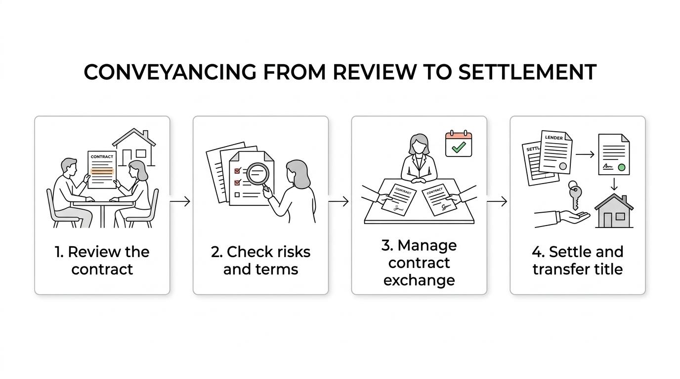 Timeline of a NSW first home purchase showing contract review, legal checks, exchange, lender coordination, settlement adjustments, and title transfer with conveyancer support at each stage.