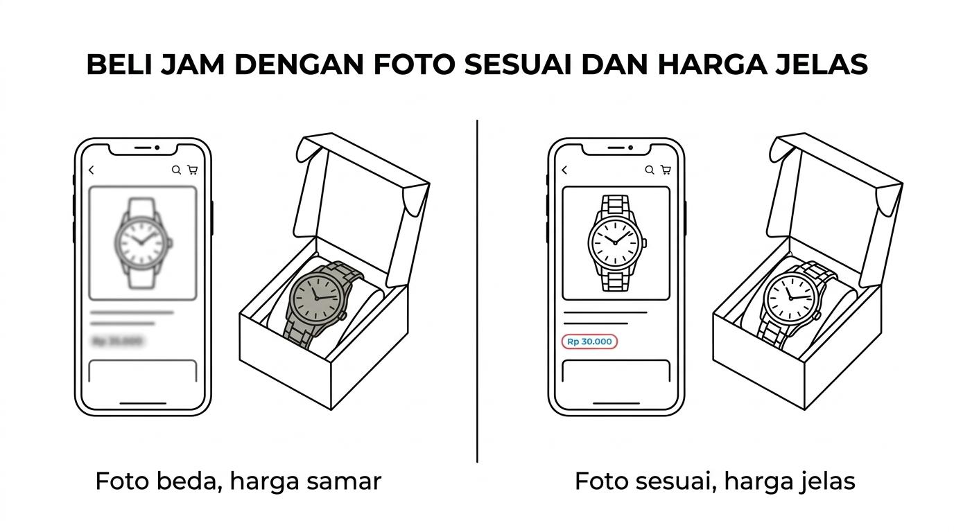 Perbandingan dua pengalaman membeli jam tangan online: satu dengan foto produk akurat, harga terlihat, dan opsi pesan jelas; satu lagi dengan tampilan, harga, dan pengiriman yang tidak pasti.
