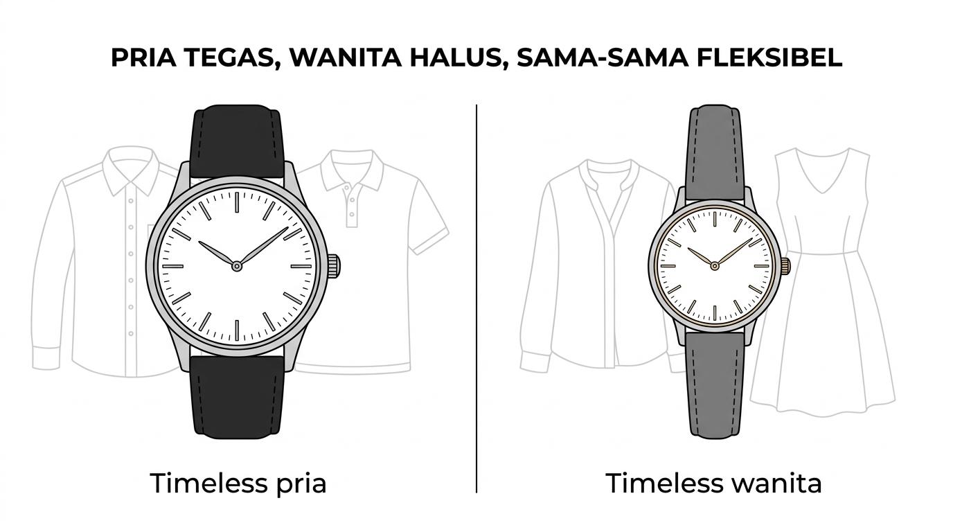 Perbandingan jam tangan timeless pria dan wanita, menampilkan model pria dengan dial minimalis dan strap sederhana di satu sisi, serta model wanita dengan case ramping dan detail halus di sisi lain.