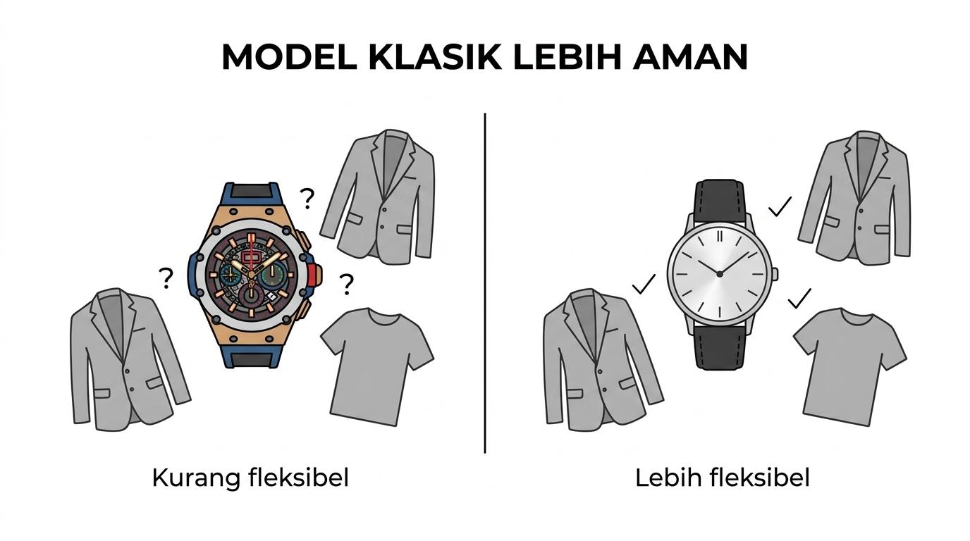 Perbandingan dua jam tangan hadiah: satu dengan desain ramai dan mencolok, satu lagi klasik dengan dial bersih dan warna netral.