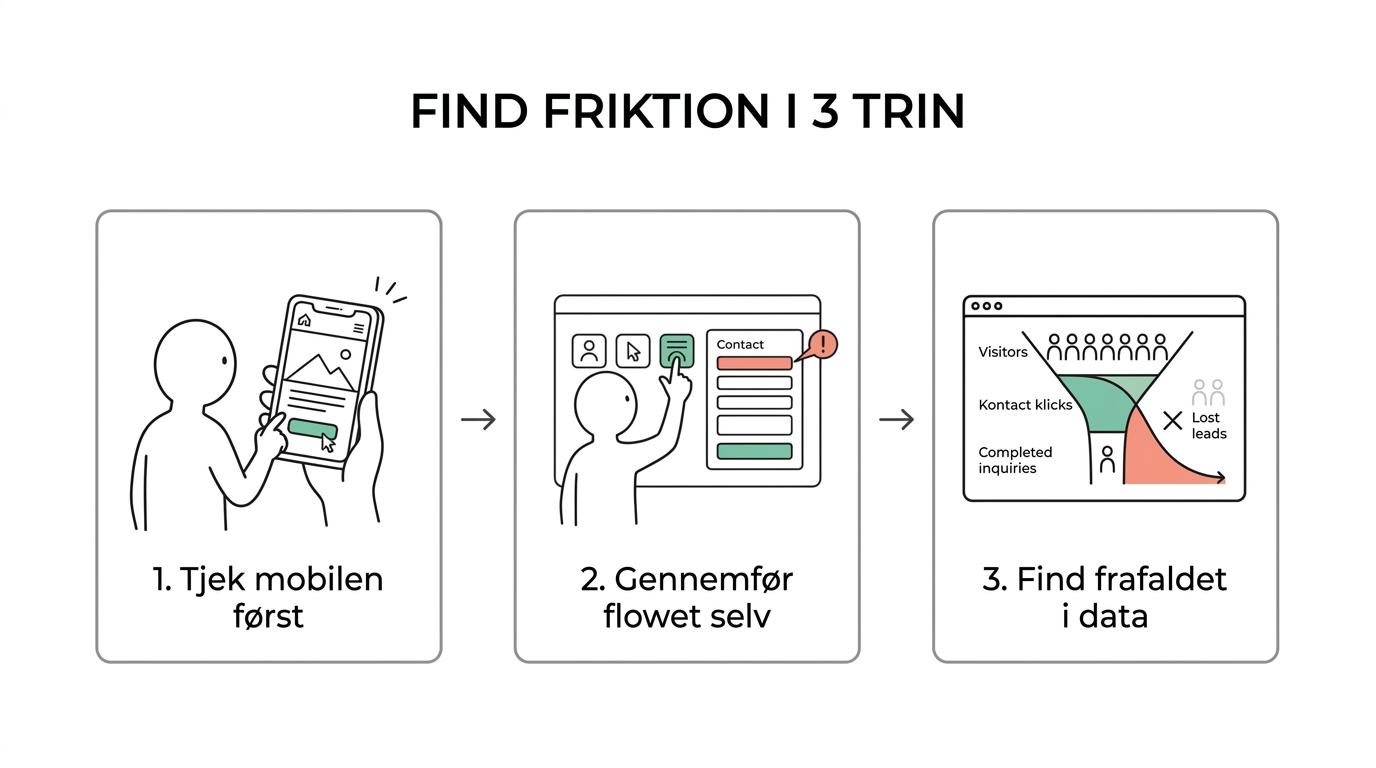 Tretrinsvisual, der viser mobiltest, gennemgang af kontaktflow og måling af frafald i data.