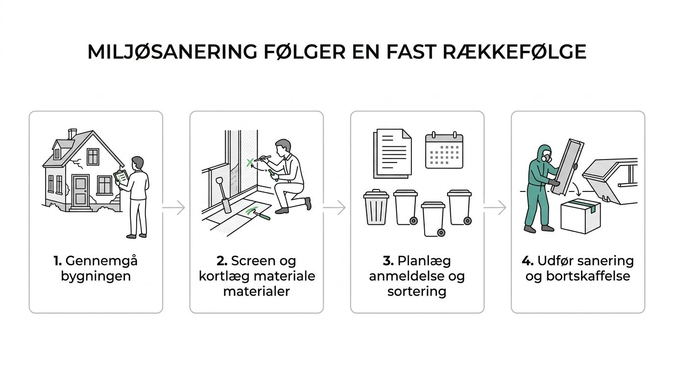 Flowdiagram over miljøsanering med trin fra screening og kortlægning til anmeldelse, sanering, sortering og bortskaffelse.